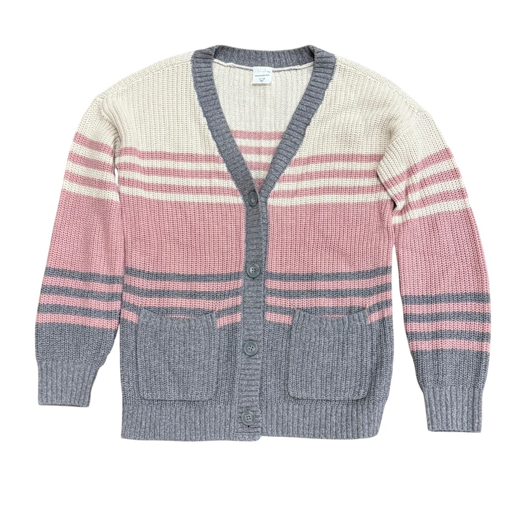 Abercrombie Kids Girls Striped Knit Cardigan Sweater Pink Grey Cream 11/12